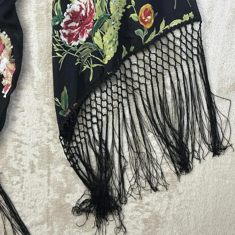 Kay Unger Silk Scarf Womens Black Chiffon Beaded Rose Floral Fringe 80